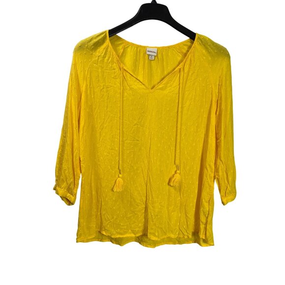 Merona Yellow Swiss Dot Rayon V-Neck Blouse Tassels Size S Semi Sheer - Picture 1 of 5